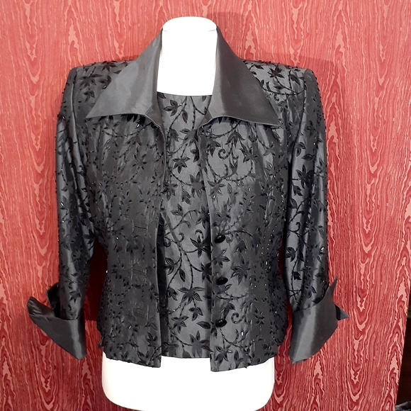 J S COLLECTION PETITE 3 PIECE SKIRT SUIT WOMEN BEADED DARK GRAY EXTRA LONG SKIRT - Picture 2 of 16